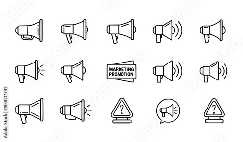 Megaphone line icon set for announcement marketing promotion and communication concepts