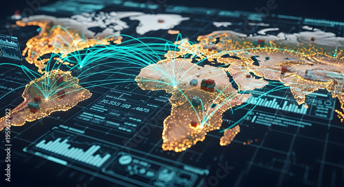 Futuristic global network connection map with data communication and logistics tracking
