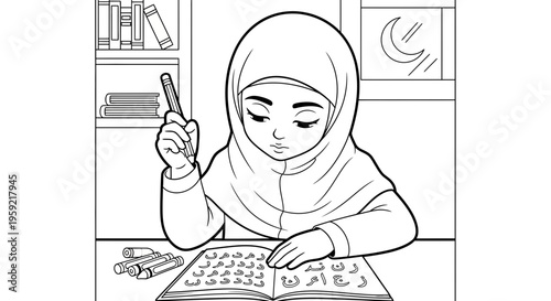 A young girl wearing a hijab is studying in a classroom with books and pencils