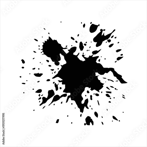 Black ink splatter collection isolated on white background. Abstract paint splash set with various shapes and textures, suitable for grunge design, artistic backgrounds, overlays, and creative graphic