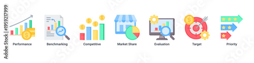 Performance Analysis web banner icon vector illustration with icons of Performance,Benchmarking,Competitive,Market Share,Evaluation,Target,and Priority