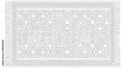 A minimalist vector illustration of a rectangular rug with intricate patterns and fringes
