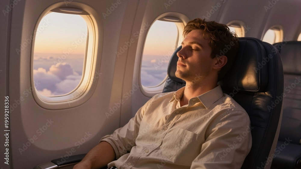 Fototapeta premium A man relaxes in an airplane seat, gazing out the window at a beautiful sunset with soft focus clouds and warm golden light.