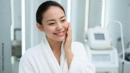 Asian woman enjoying a hydrating facial skincare treatment in a bright modern clinical room with medical equipment looking relaxed and smiling Free Download Asian woman enjoying a hydrating facial skincare treatment in a bright modern clinical room with medical equipment looking relaxed and smiling - GFXLoad
