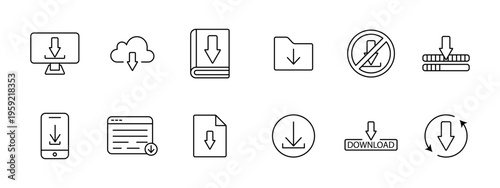 Download transfer file set icon. Monitor cloud book folder prohibition server smartphone browser document arrow button refresh depict data saving process.