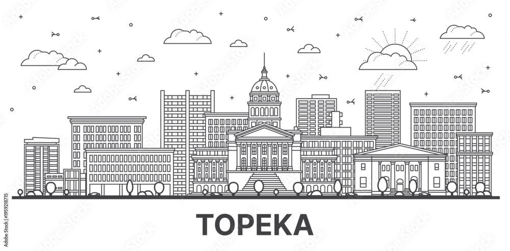 Fototapeta premium Outline Topeka USA city skyline with black buildings. Illustration. Business travel and Tourism Concept with Modern Architecture. Topeka cityscape with landmarks.