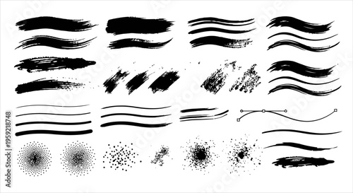 Black ink splatter collection isolated on white background. Abstract paint splash set with various shapes and textures, suitable for grunge design, artistic backgrounds, overlays, and creative graphic