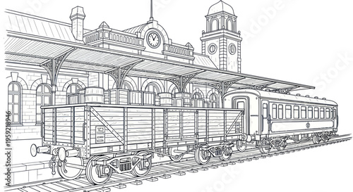 Vintage Train Station with Cargo Wagon and Passenger Carriage, Old Railway Platform