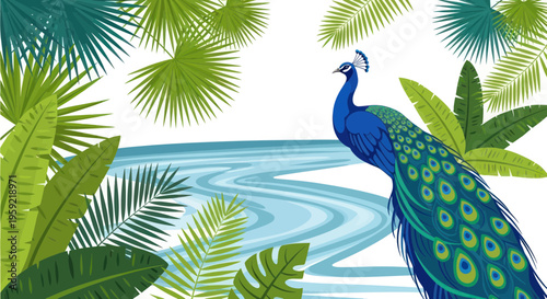 Elegant peacock standing by a tranquil blue river amidst lush tropical foliage.