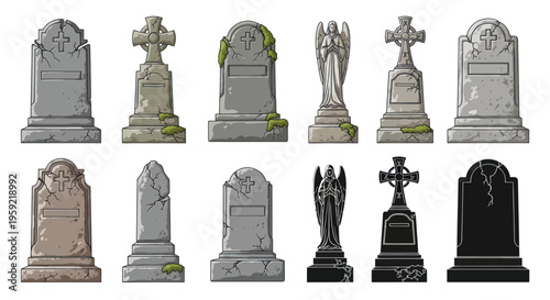 Collection of Vintage Tombstones and Gravestones - Cemetery Monuments