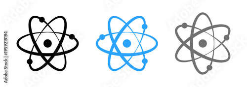 Set of atom icons with orbiting electrons in black, blue, and gray. Outline and solid variations on a transparent background, ideal for science and technology concepts.