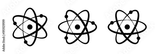 Set of atom icons with orbits and electrons, representing science, chemistry, physics, and technology. Outline and solid variations on a transparent background for graphic design.