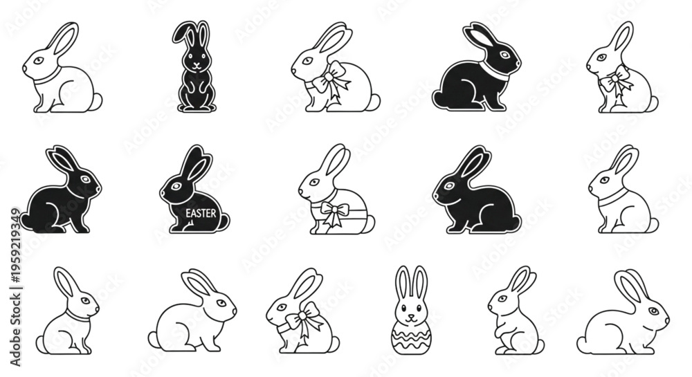 Fototapeta premium Easter Bunny Line Icon Set Cute Rabbit Outline Collection Holiday Illustration