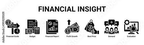 Financial Insight web banner icon vector illustration featuring Financial Guide,Budget,Financial Report,Profit Growth,Best Price,Demand,and Evaluation