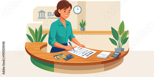 Woman signing financial agreement at bank reception desk