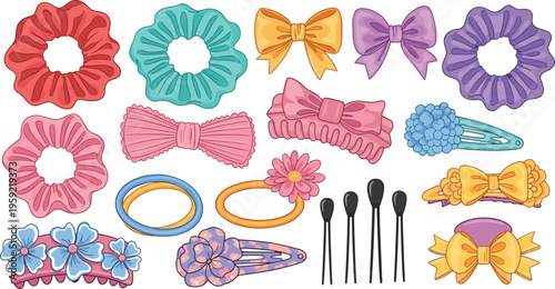 Colorful Hair Accessories Vector Set with Scrunchies, Bows, Clips, and Headbands for Fashion, Beauty, and Hairstyling Designs