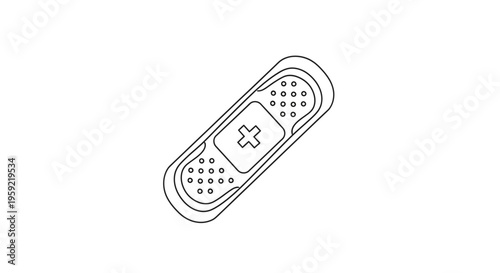 Simple Line Art Bandage with Cross Symbol - First Aid, Medical Care, Injury Treatment Icon