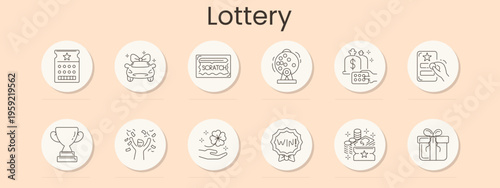 Lottery set icon. Lotto card, cash bag, scratch card, bingo drum, savings, credit card, trophy, cheering, lucky clover, win badge, coin stack, present, jackpot, reward, luck.