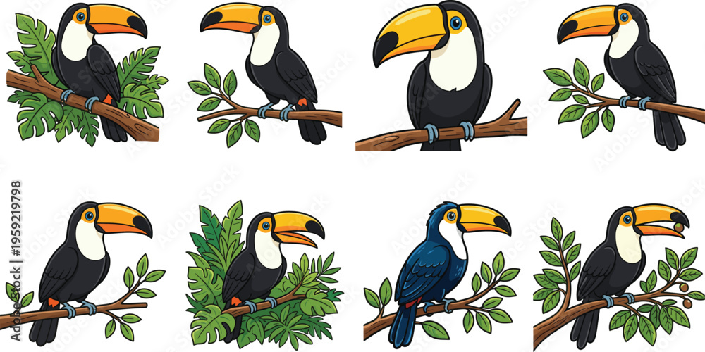 Obraz premium Cute Cartoon Toucan Bird Set with Colorful Beaks, Tropical Leaves, and Branches for Wildlife Illustrations, Nature Designs, and Kids Artwork