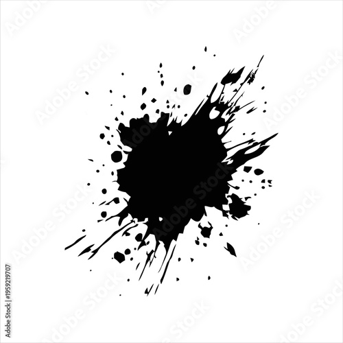 Black ink splatter collection isolated on white background. Abstract paint splash set with various shapes and textures, suitable for grunge design, artistic backgrounds, overlays, and creative graphic