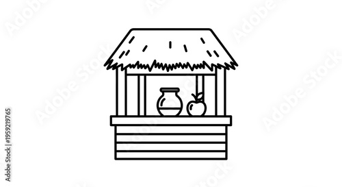 Rustic Well House with Pot and Apple, Simple Line Art Illustration