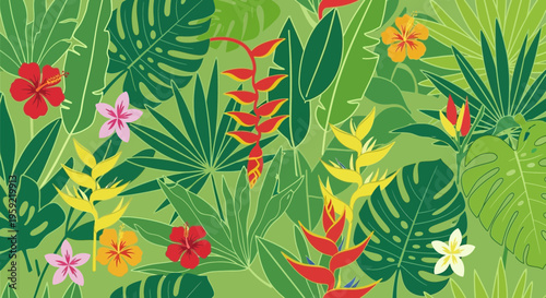 A vibrant and colorful tropical floral pattern with lush greenery and exotic flowers