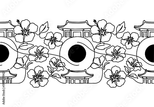 South Korean Mugunghwa Flower and Taegeuk Symbol Monoline Background