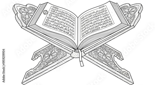 A vector illustration of an open Quran on a decorative stand