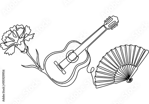 Spanish Red Carnation and Flamenco Guitar Monoline Background