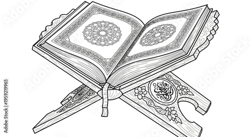 A beautifully illustrated Quran on a decorative stand with intricate designs
