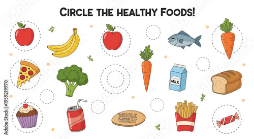 A colorful vector graphic illustration of healthy and unhealthy food options for kids