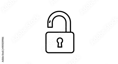Open padlock icon, symbolizing security, access, and freedom. Simple line art.