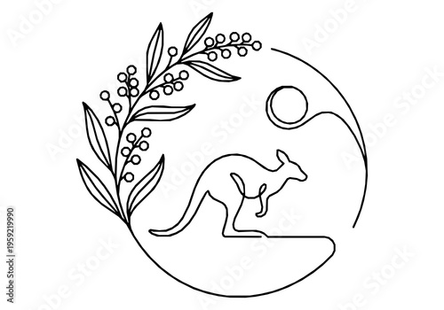 Australian Golden Wattle and Kangaroo Silhouette Monoline Background