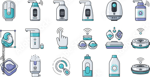 Smart Home Cleaning Devices Icon Set with Robot Vacuum Wireless Gadgets Sanitizer Tools and Modern Household Technology Cartoon Vector Illustration Collection