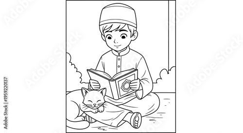 A young boy in traditional clothing reads a book with his cat