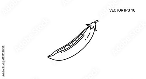 Pea Pod Icon Vector Illustration: Fresh Green Pea Pod with Seeds, Simple Line Art