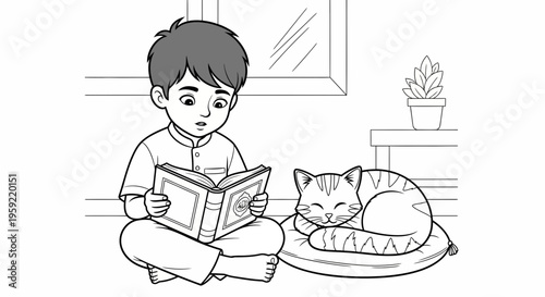 A young boy reads a book while sitting next to a sleeping cat