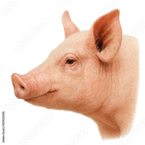Realistic Pig Head Profile Farm Animal Portrait with Pink Skin Isolated on Transparent Background