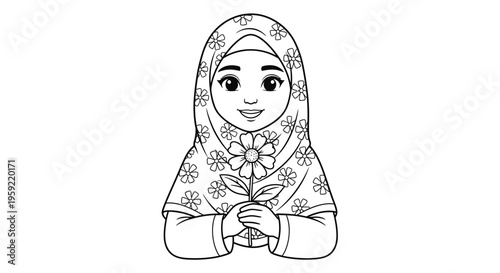 A smiling Muslim girl wearing a floral hijab holding a flower