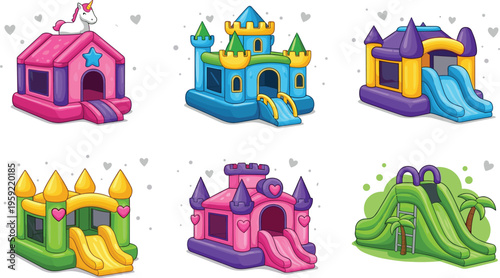 PrintColorful Inflatable Bouncy Castle Set with Slides and Fun Play Structures for Kids Party Playground Entertainment Cartoon Style Vector Illustration