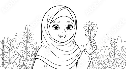 A smiling Muslim girl in a hijab holding a flower in a garden