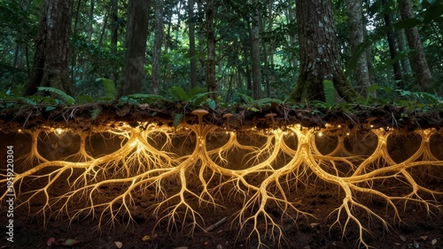 Cross-section of a forest showing glowing mycorrhizal fungi connecting tree roots, illustrating the hidden underground ecosystem with soft focus.