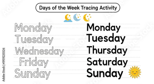 A colorful days of the week tracing activity for kids with fun illustrations