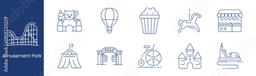 Amusement park set icon. Collection with roller coaster, sand bucket toy, hot air balloon, popcorn box, rocking horse, ticket booth, circus tent, entrance gate, unicycle, castle, bumper car.