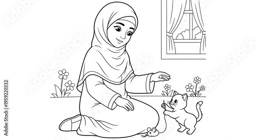 A young Muslim girl wearing a hijab playing with a cute cat