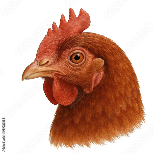 Realistic Chicken Hen Head Profile with Red Comb and Wattles Isolated on Transparent Background