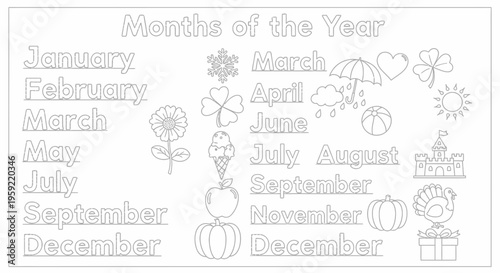 A vector graphic illustration of the months of the year with corresponding icons for each month