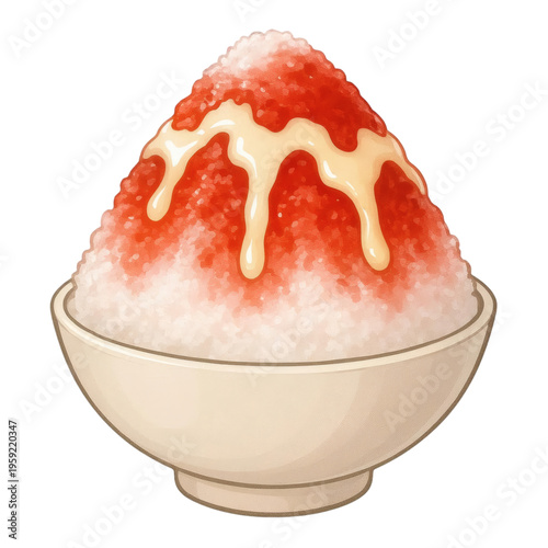 Watermelon Shaved Ice (Kakigori) with Creamy Condensed Milk in White Bowl, isolated transparent background