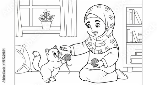 A young girl wearing a hijab plays with a cat indoors