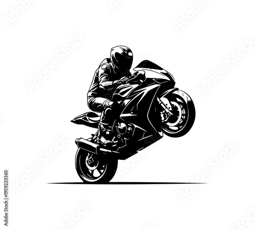 Stunt Motorcyclist Performing Wheelie on Black Bike